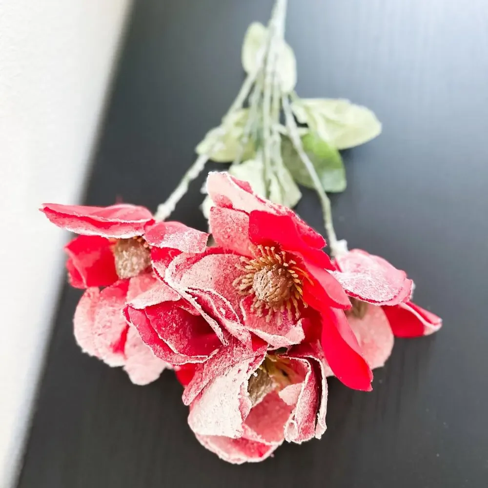 Snowy Frosted holiday red Magnolia Christmas stems Bundle artificial flowers